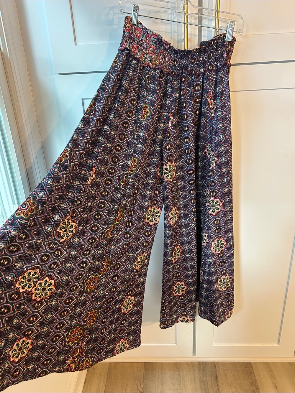 Wide Leg Boho Print Pants in Deep Plum and Cream